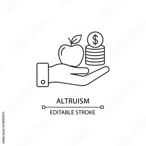 Altruism concept icon Hand holding apple and coins representing charity donation and giving support giving aid