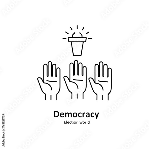 Democracy election world icon with hands raising for voting and podium symbol for voting process and participation concept