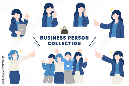 いろいろなポーズをしたスーツのビジネスパーソン[女性]のフラットなイラスト（セット）
