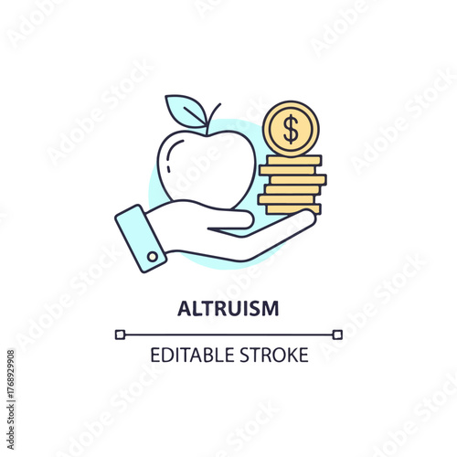 Altruism concept icon representing selfless giving of an apple and money with a hand from an ethical and compassionate gesture, editable stroke line art