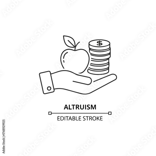 Altruism concept line icon a hand holds an apple and a stack of coins with dollar sign helping symbol editable stroke