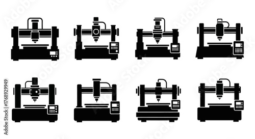 Various black silhouettes of modern desktop cnc milling machines displayed in rows