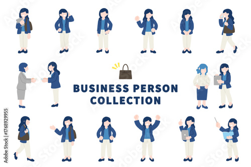 いろいろなポーズをしたスーツのビジネスパーソン[女性/全身]のフラットなイラスト（セット）
