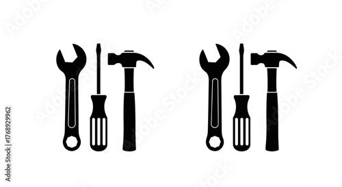 Simple black and white illustration depicting various common hand tools