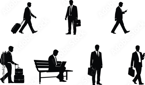 Business travel, remote work, mobile professional, corporate lifestyle, suitcase, briefcase, smartphone, laptop, airport waiting, commuting, flat vector illustration