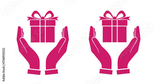 Two pairs of hands offering pink gift boxes with ribbon bows