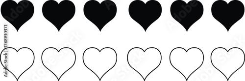 Heart icons in black and outline style, minimal love symbols, romantic design elements, seamless pattern, flat vector illustration