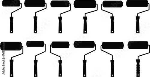 Paint roller icon set, black silhouette tools, home renovation equipment, wall painting supplies, construction elements, flat vector illustration