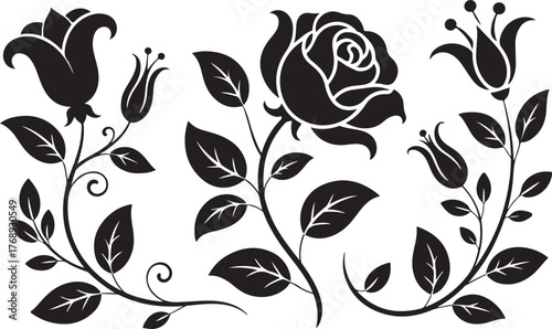 Decorative Rose and Floral Element Black Silhouette Vector Set