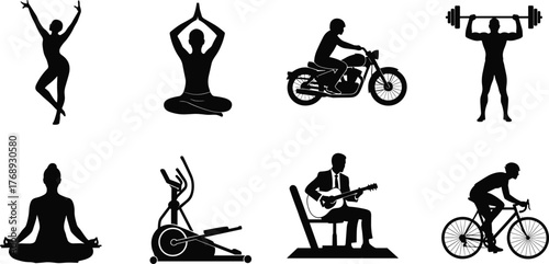 Silhouette people in various activities, yoga, dance, cycling, gym, meditation, music, fitness, black icons, flat vector illustration