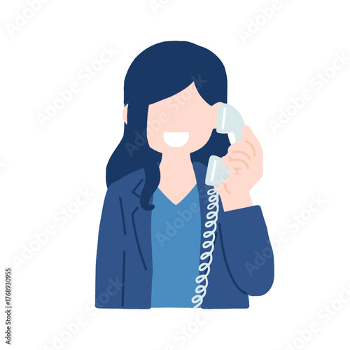 固定電話で通話するビジネスパーソン[女性]のフラットなイラスト
