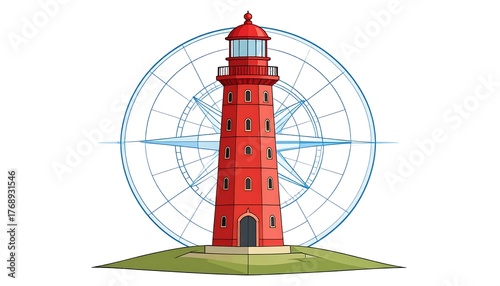 A vibrant red lighthouse with a compass rose backdrop