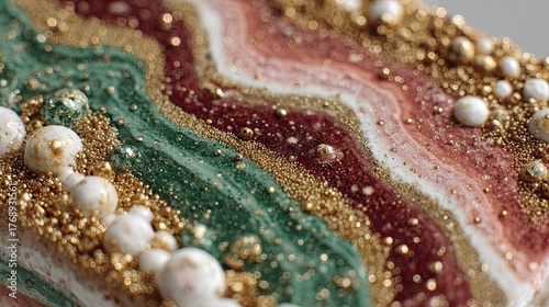 Marbled greens, reds, golds. Dotted with shiny beads