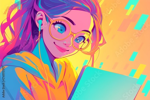 Girl with glasses and earphones (listening to music, studying, e-learning)