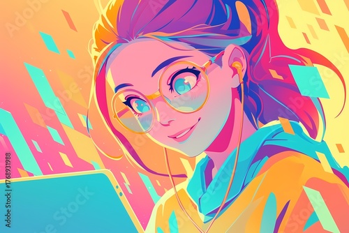 Girl with glasses and earphones (listening to music, studying, e-learning)
