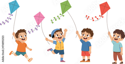 Children flying colorful kites, outdoor playtime fun, happy kids running, childhood activity, vibrant sky toys, joyful motion, white background scene
