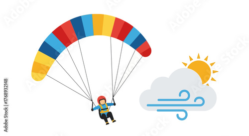 Colorful paraglider soaring through the sky with sun and cloud illustration