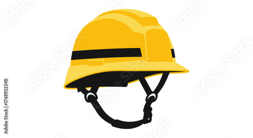 A bright yellow construction helmet with black stripes and adjustable straps