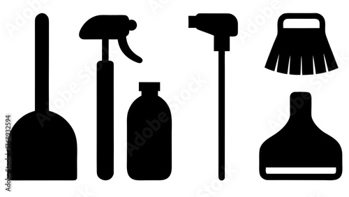 Cleaning supplies arranged neatly in a row on a white background studio shot