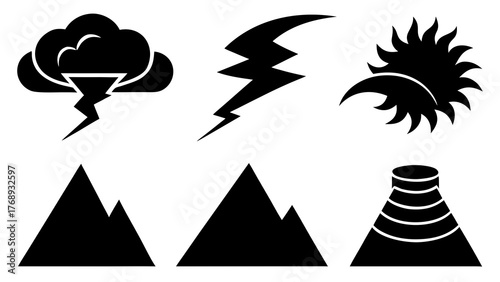 Weather and landscape icons showing a storm sun mountains and a volcano