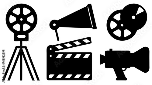 Film industry equipment icons representing movie making and cinematic production