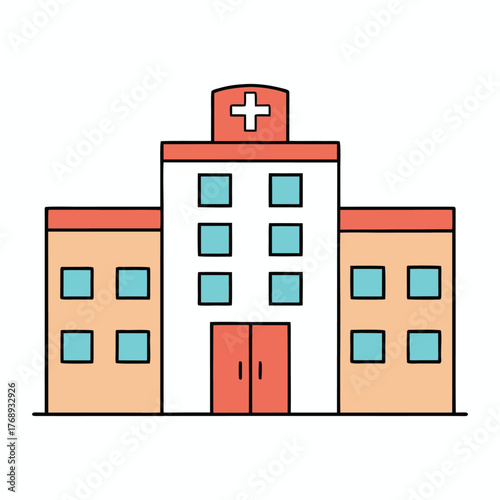 A modern multi-story hospital building with large glass windows, clean white walls, and a red cross sign, symbolizing care, healing, and advanced medical facilities.
