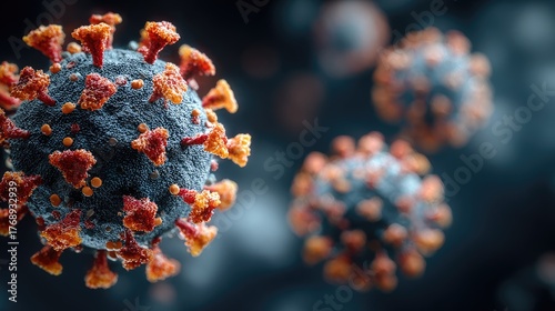 Virus cells with spike proteins float in fluid