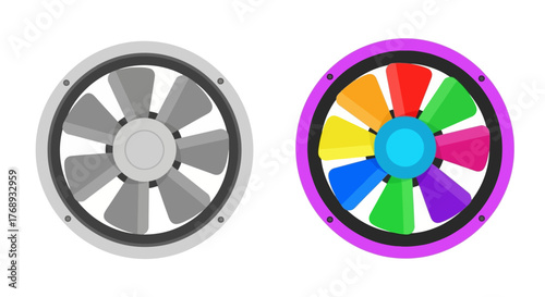 Colorful fan blades and grey fan side by side illustration