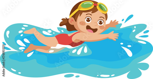 Child swimming in pool, happy kid underwater, summer fun activity, cartoon illustration, water splash, goggles, red swimsuit, playful motion