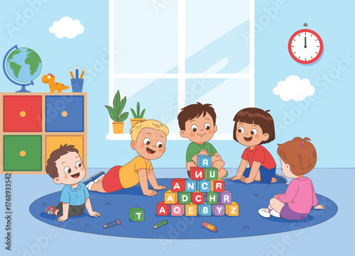 Children playing with alphabet blocks, colorful classroom interior, blue carpet, crayons scattered, learning activity, indoor fun, educational environment, teamwork