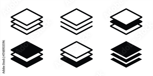 Layers icon set. Logo layers, levels, tiers, sheets icons. Fabric floor layers symbol absorbent of material stack vector. Surface levels technology for business