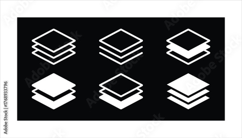 Layers icon set. Logo layers, levels, tiers, sheets icons. Fabric floor layers symbol absorbent of material stack vector. Surface levels technology for business