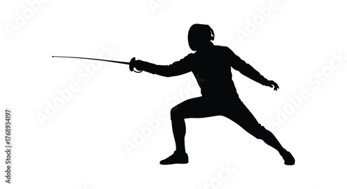 Dynamic silhouette of a fencer in action lunging forward with a sword extended in a white background silhouette