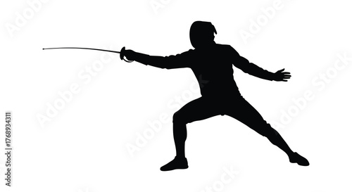 Dynamic silhouette of a fencer in action holding a sword and ready to attack silhouette