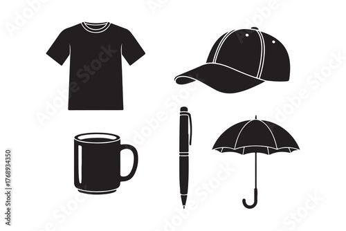 Collection of everyday objects including a t shirt cap pen mug and umbrella isolated on white background