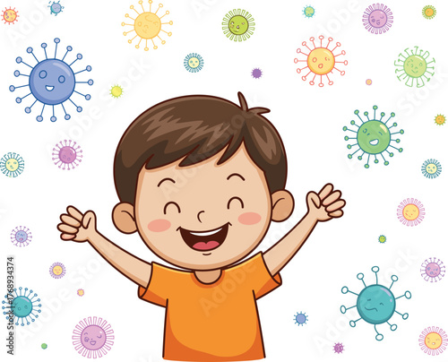 Happy child surrounded by colorful viruses, cartoon immunity concept, health protection, smiling germs, hygiene awareness, playful illustration, disease prevention, resilience