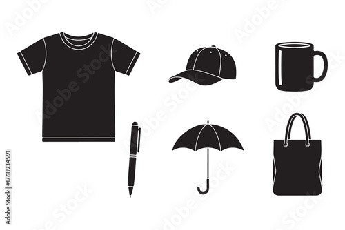 Black Silhouette Vector Icon Set of Corporate and Event Promotional Items: T-shirt, Baseball Cap, Coffee Mug, Pen, Umbrella, and Tote Bag - Business and Branding Mockup Template