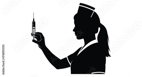 Black silhouette of a nurse wearing a cap holding a syringe and preparing to administer an injection silhouette