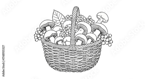Detailed illustration of a woven basket overflowing with fruits and foliage