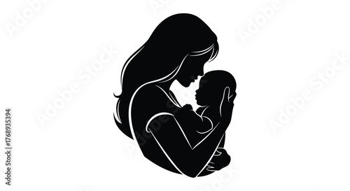 A tender mother holding her newborn baby in a loving embrace depicted as a striking black silhouette