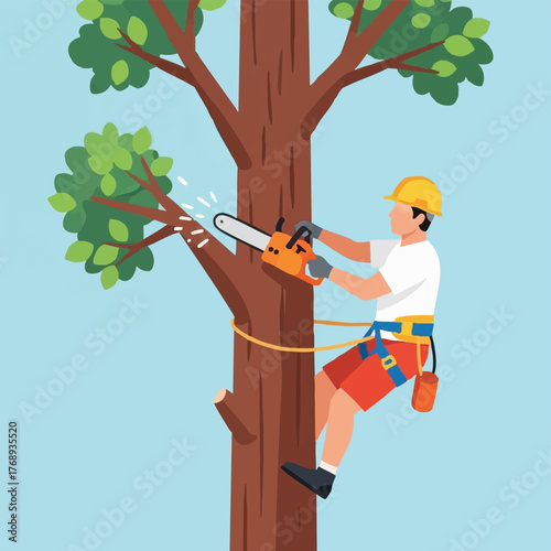 An arborist uses a chainsaw to trim a tree branch, showcasing tree care, safety measures, and professional tree services for healthy landscapes.