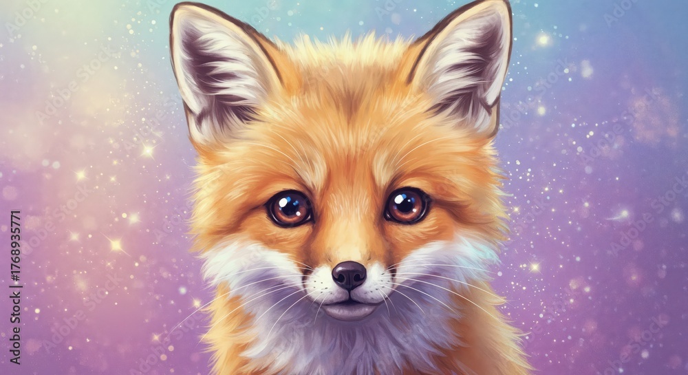 Fototapeta premium Curious Fox in a Dreamy World: A close-up of a charming fox, with its vibrant orange fur and intelligent eyes, appears as if in a celestial dreamscape.