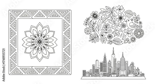 Intricate floral and geometric designs alongside a skyline illustration