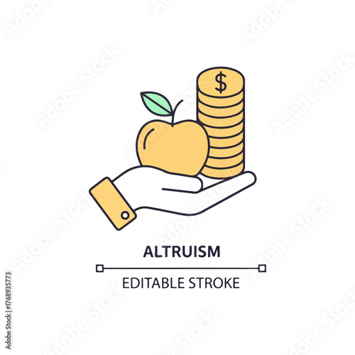 Altruism Icon Hand Offering Apple and Stack of Coins Symbolizing Generosity and Charitable Giving, Editable Stroke