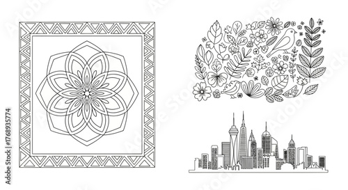Intricate black and white designs featuring mandalas birds and a cityscape