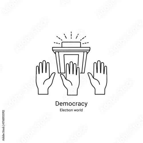 Democracy Election World Concept Icon with Hands Raised for Voting at a Podium Symbolizing Participation and Choice