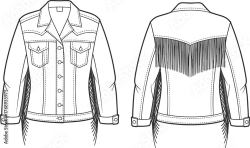 “CAD drawing flat vector illustration of western fringe women denim jacket front and back view fashion technical sketch design