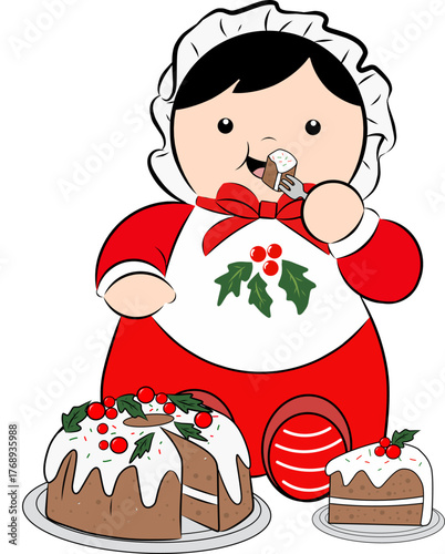 Cute baby in red Christmas outfit eating festive cake. Adorable holiday cartoon illustration perfect for Christmas cards, decorations, and winter designs.