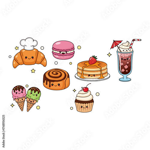 Kawaii Food Collection Cute Croissant Macaron Cinnamon Roll Pancakes Ice Cream Cupcake and Drink Illustrations