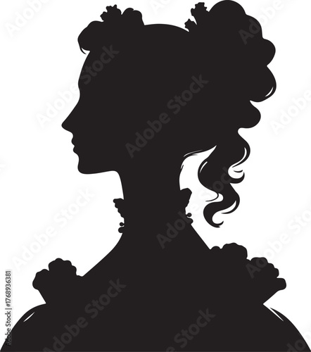Silhouette of a woman in 1800s fashion, typical of Russia. She is wearing a traditional dress with a high collar and elaborate hairstyle.